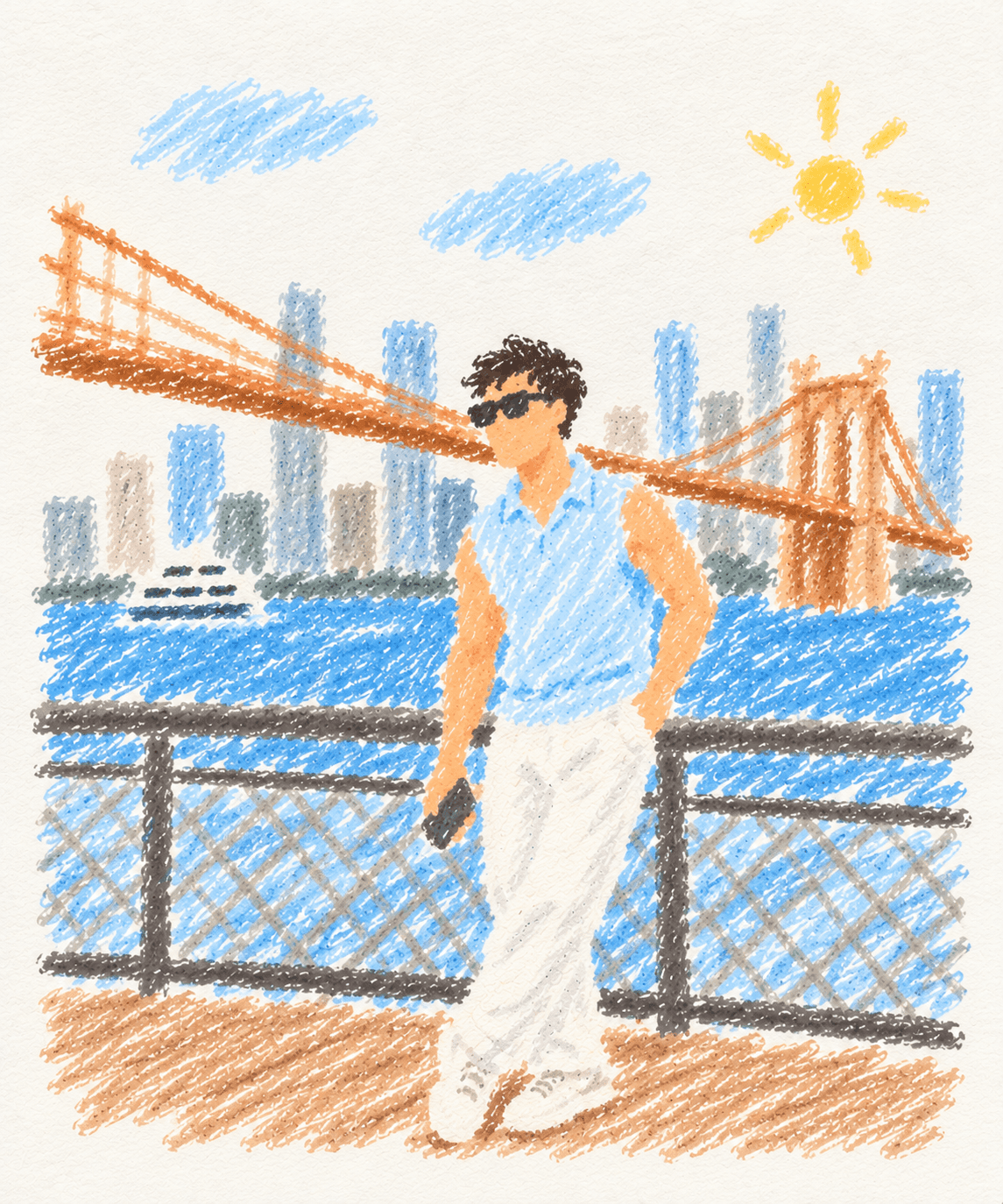 A crayon doodle of a man in sunglasses walking along the water with a bridge behind him.