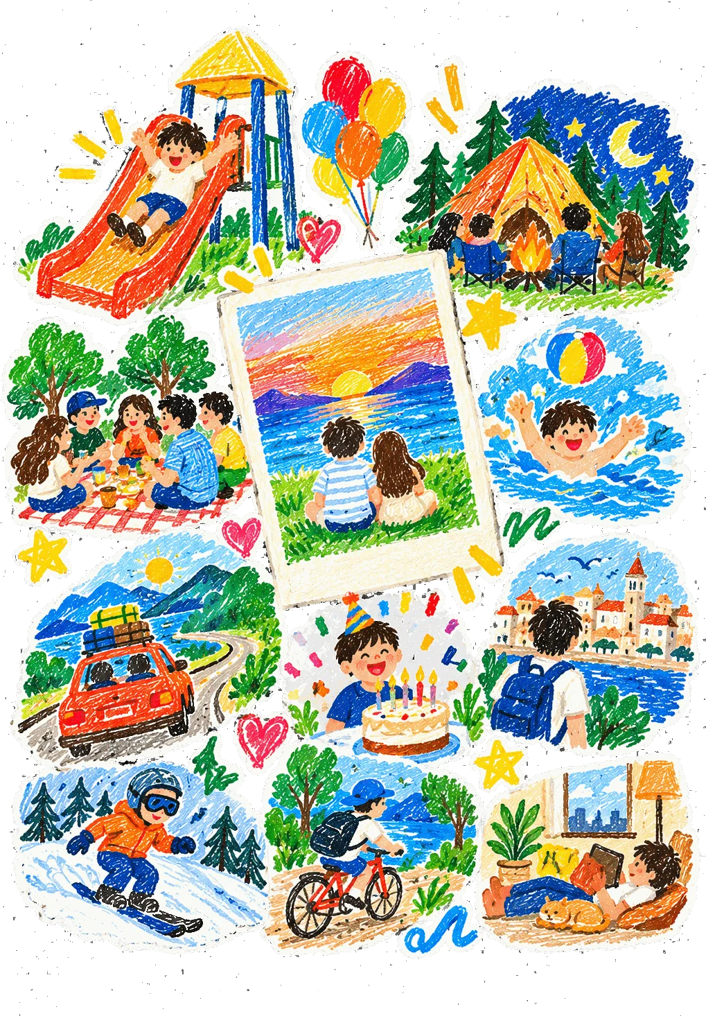 A collage of crayon memories: a picnic, a dog, a road trip and a birthday.