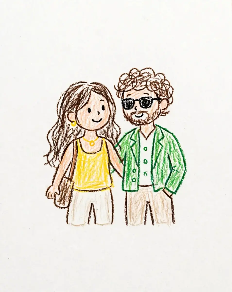 A crayon doodle of a couple on a date night, drawn from a photo.