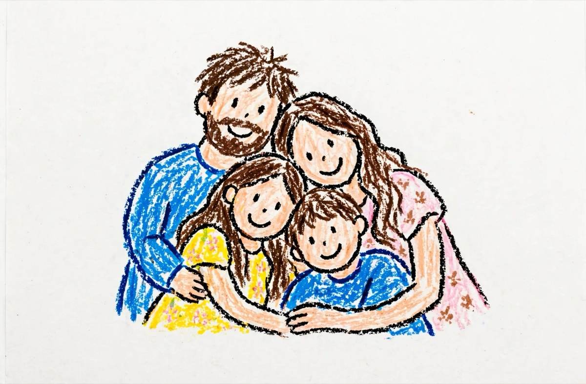 A crayon doodle of a family outdoors, arms around each other.
