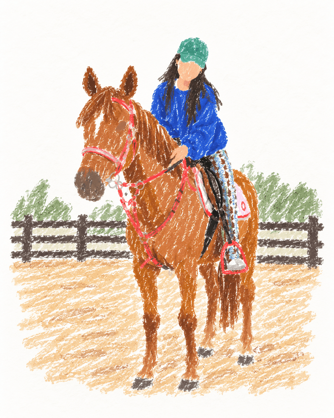 A crayon doodle of a girl in a green cap riding a brown horse.