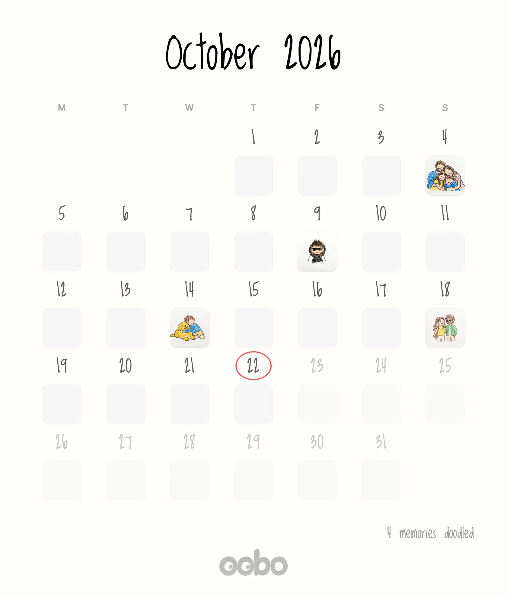 A Oobo month recap: a paper calendar for October 2026 with five crayon doodles and the line five memories doodled.