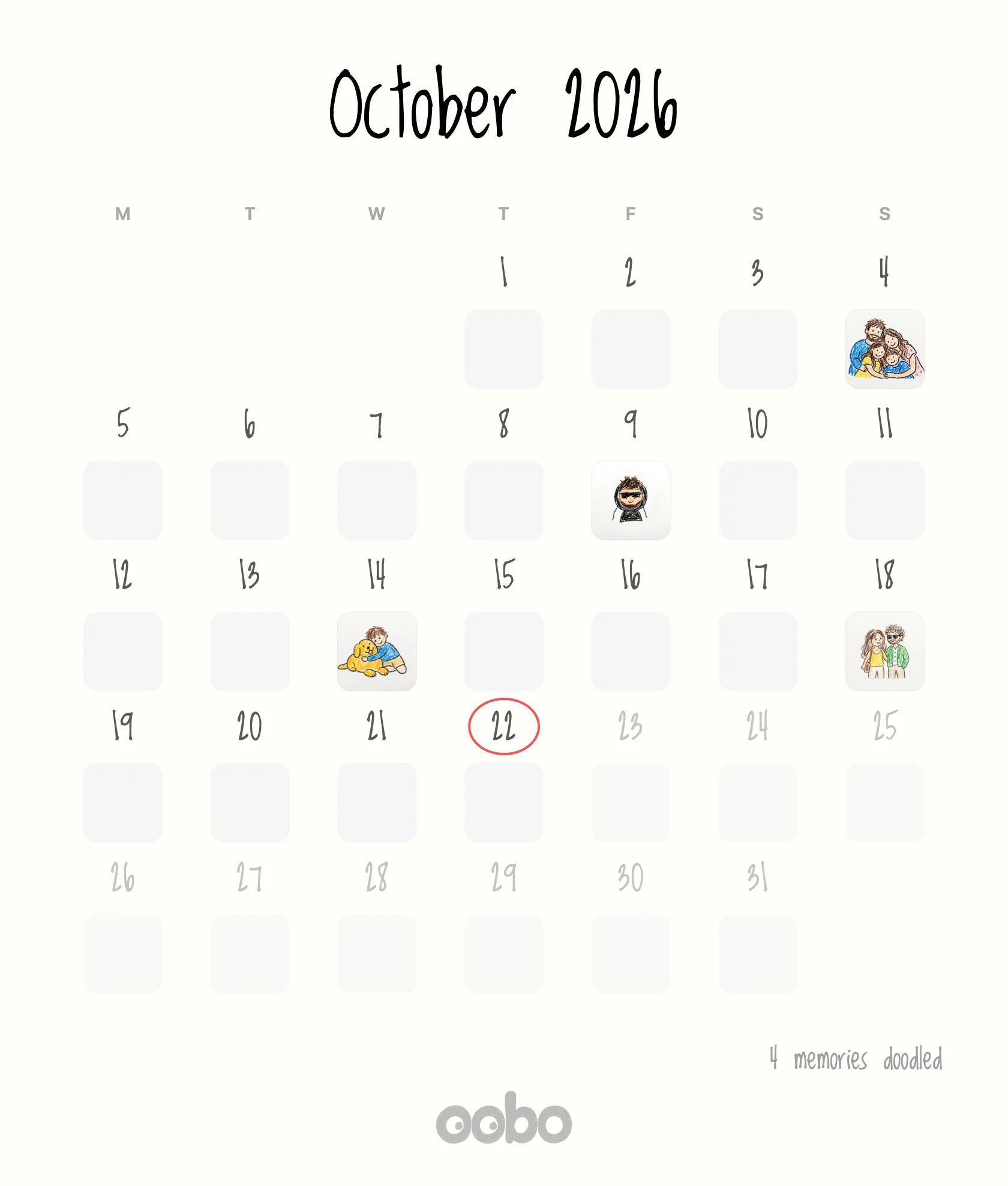 A Oobo month recap: a paper calendar for October 2026 with five crayon doodles and the line five memories doodled.