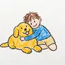 A crayon doodle of a child hugging a dog.