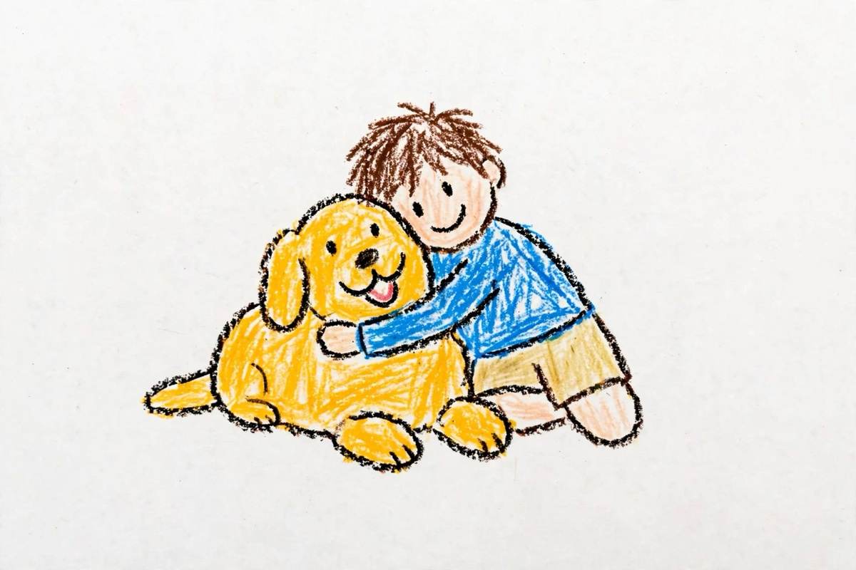 A crayon doodle of a child hugging a golden dog in the grass.