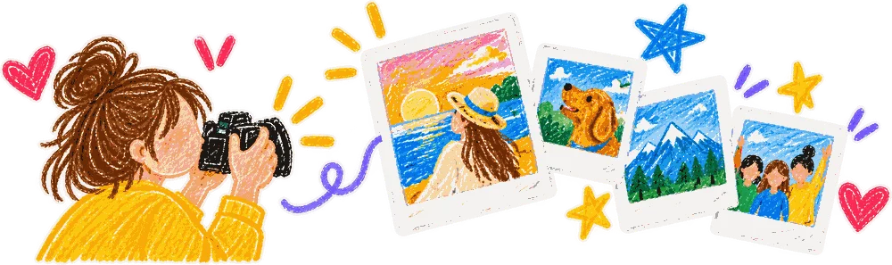 A crayon drawing of a woman taking photos, surrounded by polaroid doodles.