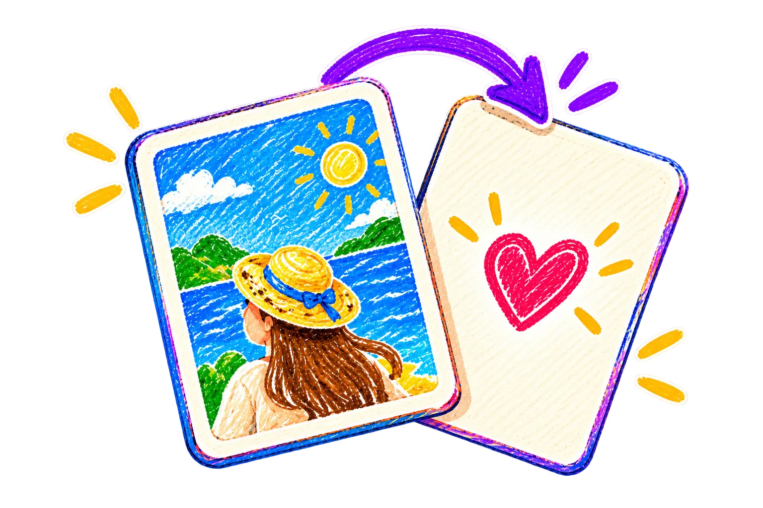 A crayon drawing of a photo card with a summer scene, and an arrow turning it into a card with a heart.